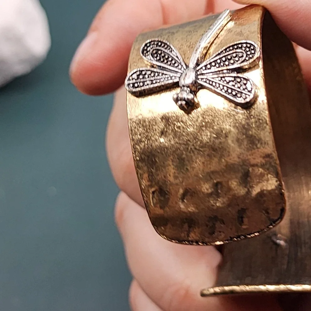 Antiqued Gold Tone Wide Cuff Bracelet Silver Tone Dragonfly Motif Boho Statement